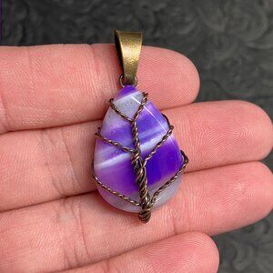 Purple Agate Wire Wrapped Tree of Life Pendant Stone Crystal Jewelry